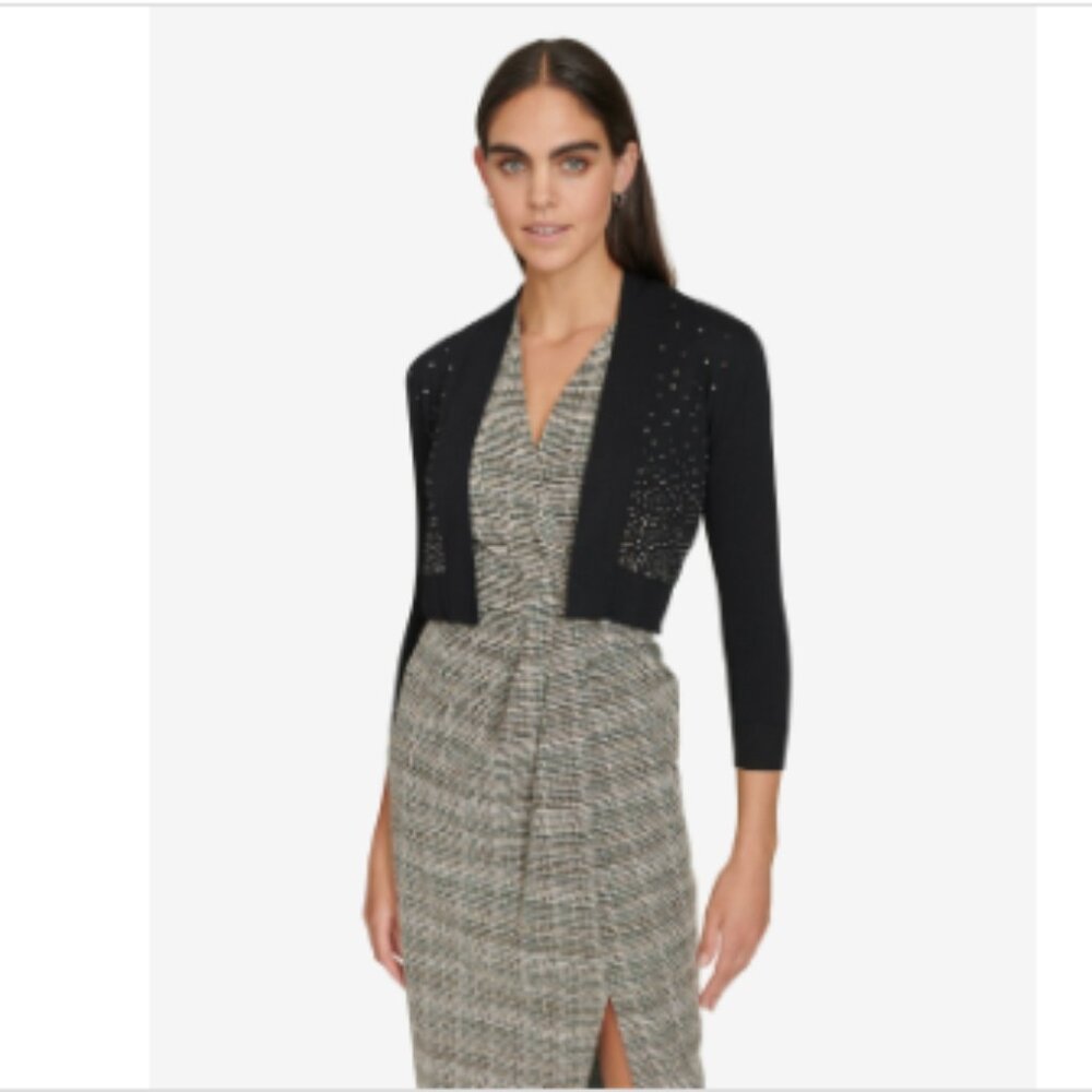 Calvin Klein Women's Collarless Open-Front Embellished Cardigan - Black